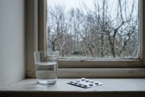 Zdjęcie ukazujące pusty blister na parapecie okiennym oraz szklankę wody