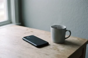 Telefon odwrócony ekranem do spodu, symbolizujący trudność wypowiedzenia pierwszego zdania